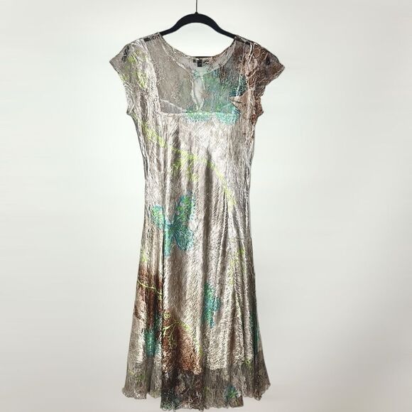 Komarov Signature Crinkle Shiny Dress Butterfly Print Fit & Flare Cap Sleeves L - Picture 12 of 15